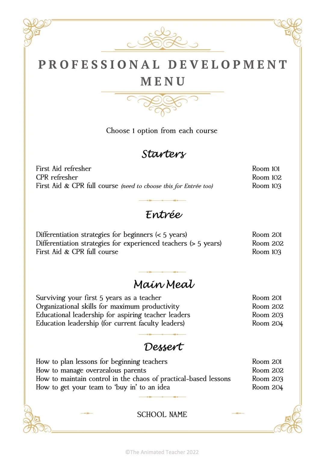 professional development menu example 1