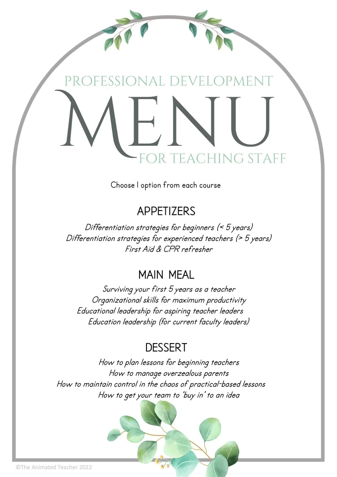 professional development menu example 2