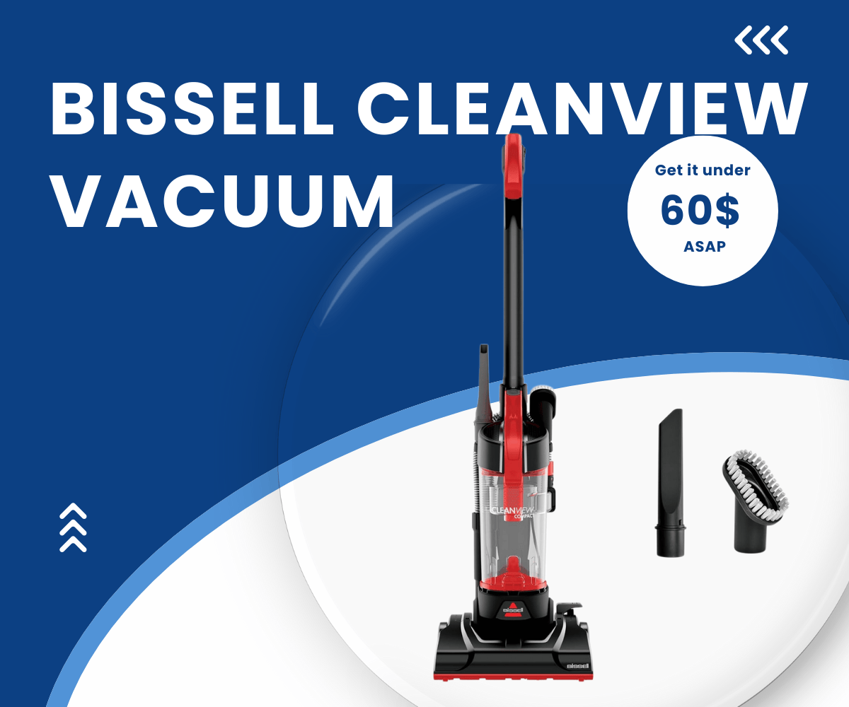 BISSELL CleanView Compact Upright Vacuum standing with cleaning attachments