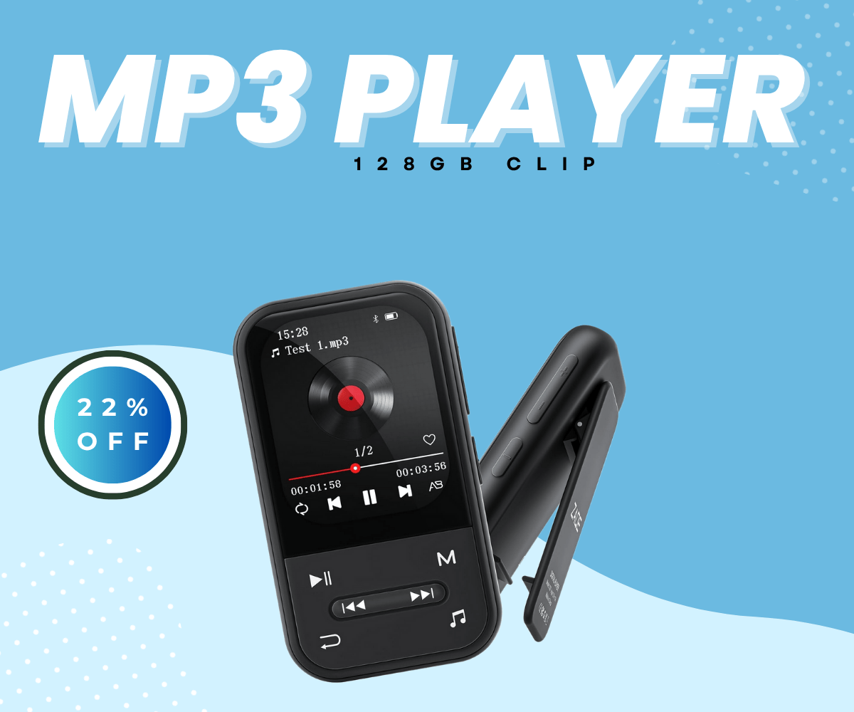 128GB Clip MP3 Player with Bluetooth 5.3 Black Front View