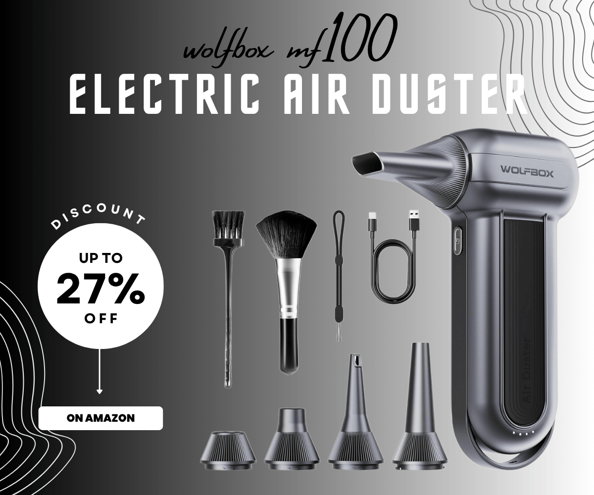 WOLFBOX MF100 Electric Air Duster 150000RPM Cordless Blower with Brush and Nozzle Attachments