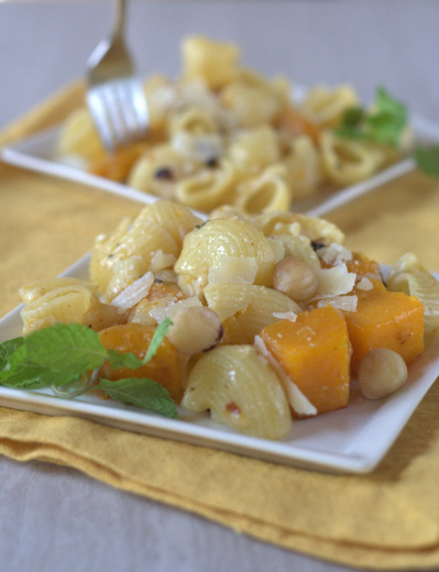 bitten word pasta with butternut squash, chiles, and hazelnuts