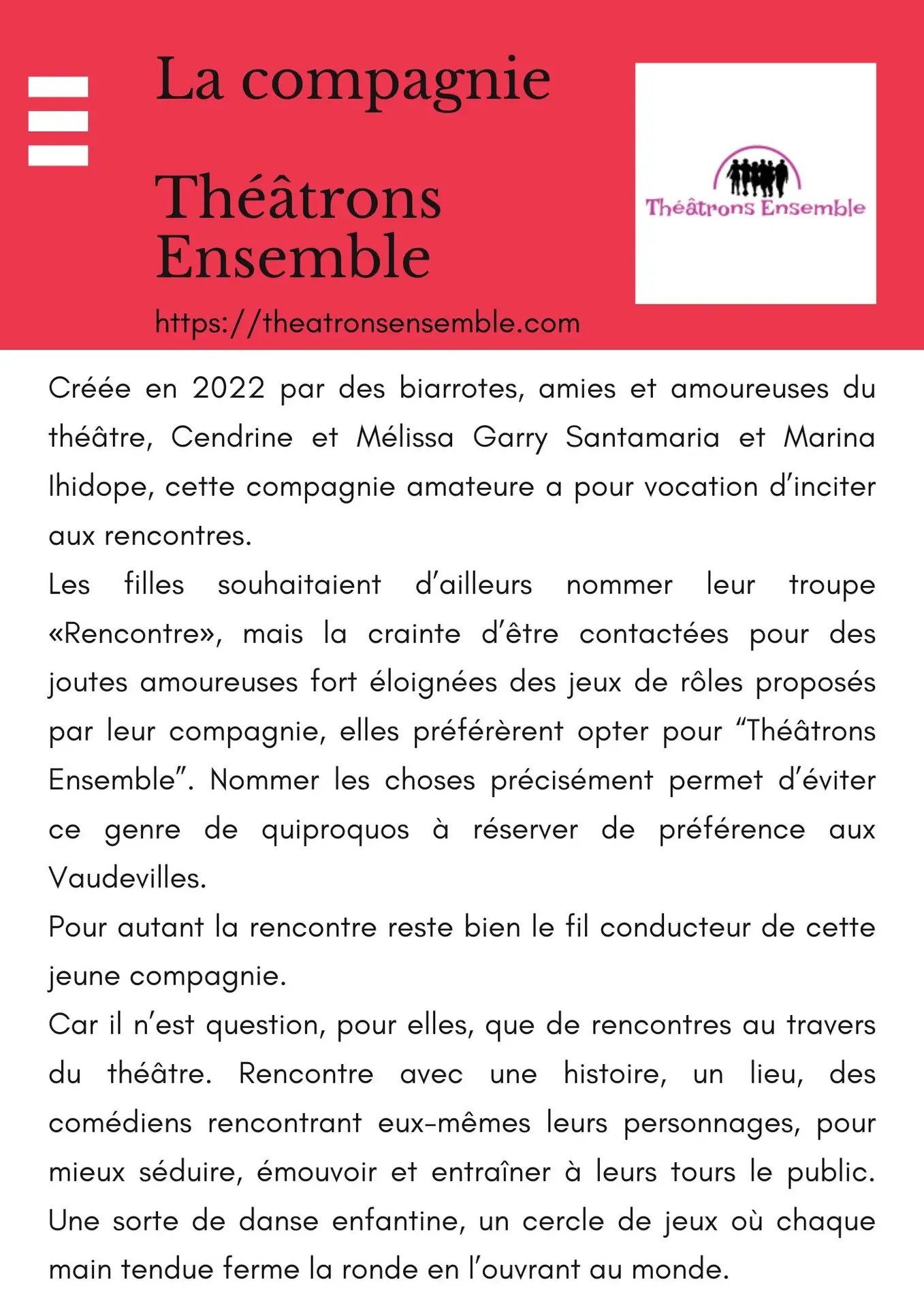 dossier de presse présentation de la Cie Théâtrons Ensemble
