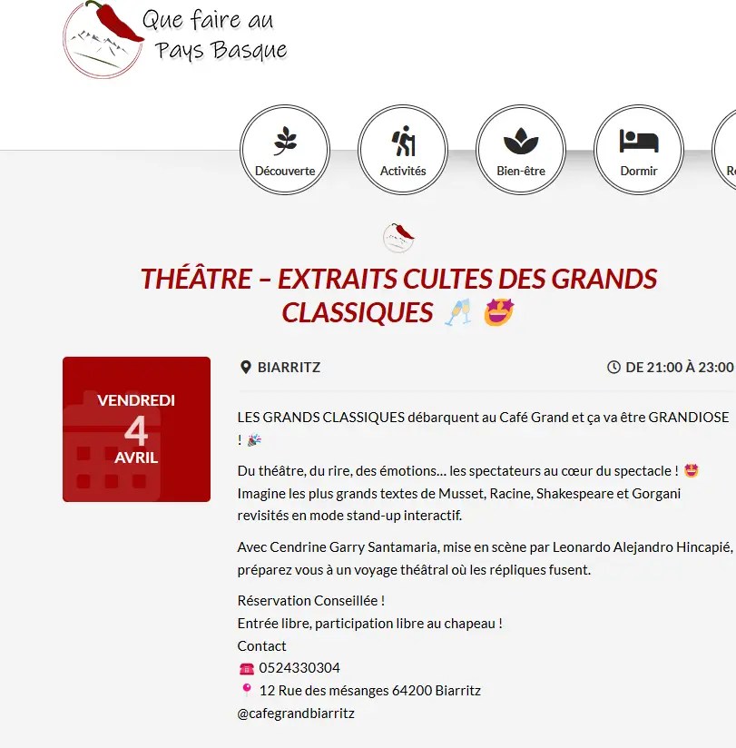 Théâtre mon Amour Café Grand 4 avril Que faire pays basque