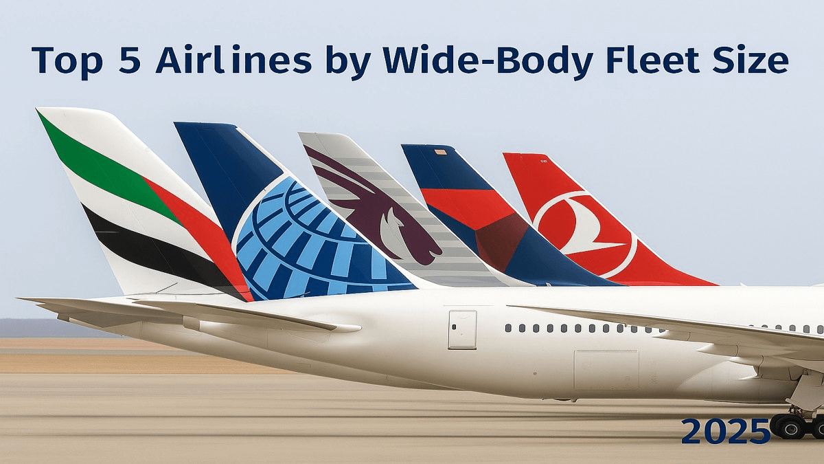 Top 5 airlines by wide-body fleet size, including Emirates, United, Qatar Airways, Delta and Turkish Airlines