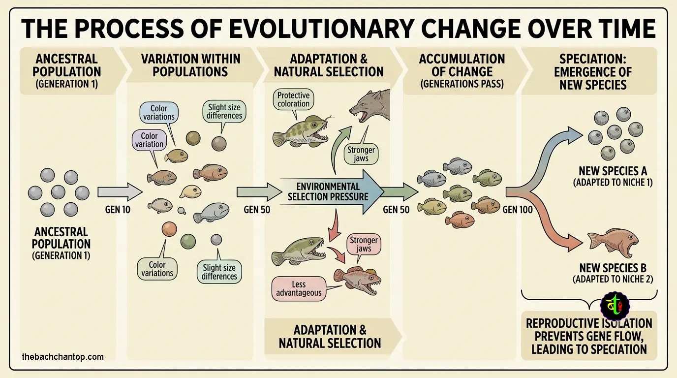 Timeline showing gradual evolution of organisms over generations