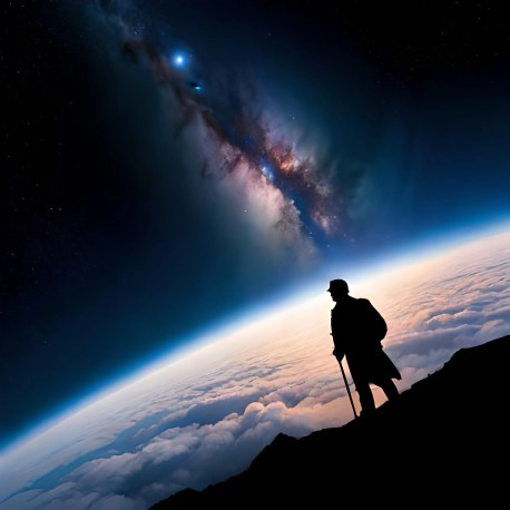 Man on mountain overlooking clouds.