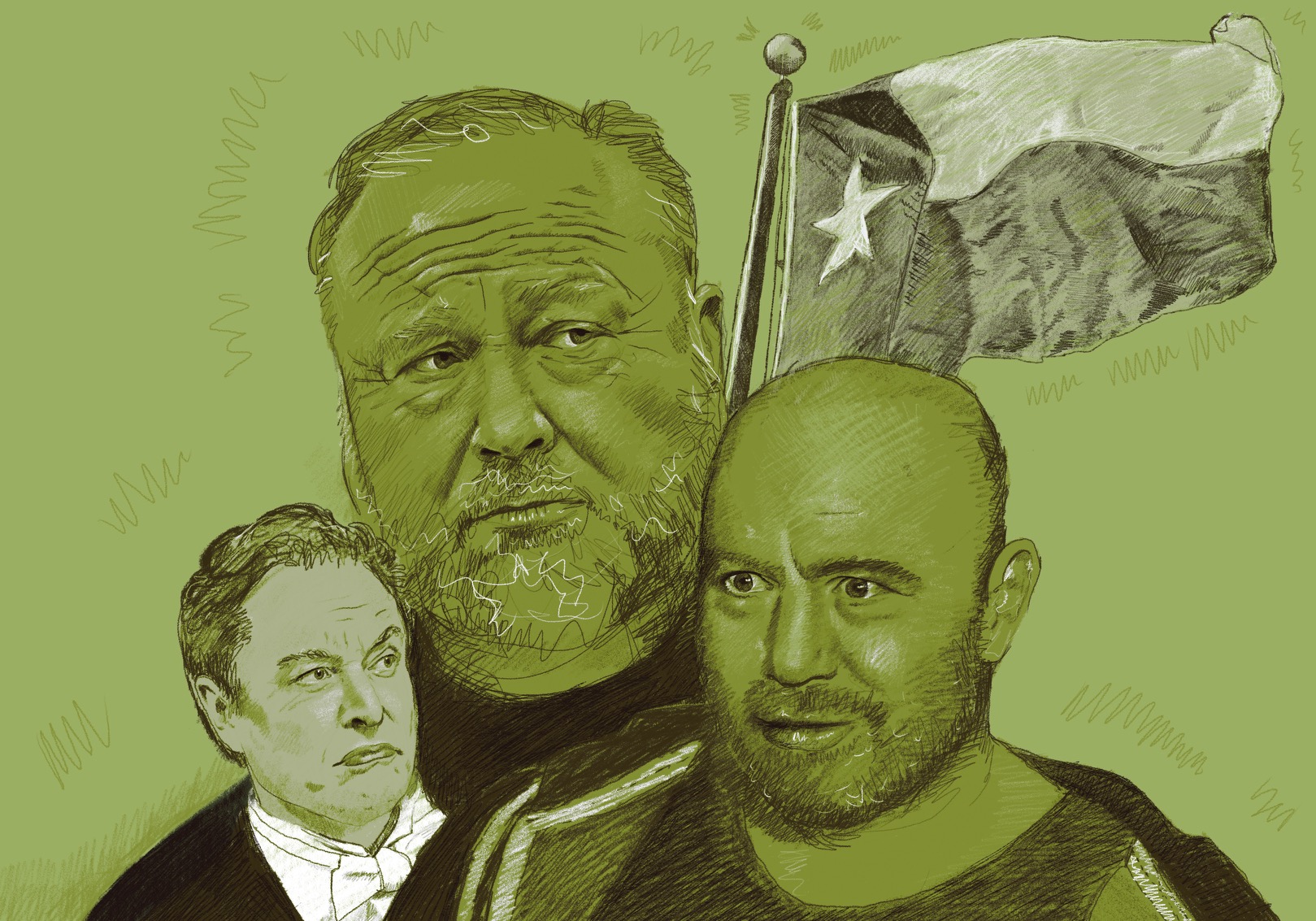 Joe Rogan, Elon Musk, and Alex Jones's faces in green with a waving Texas flag in the background