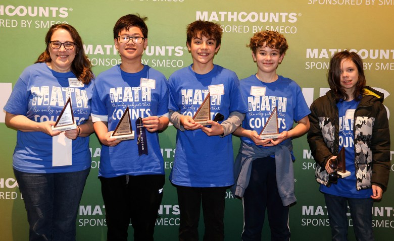 Third place team: Spring Ridge Middle School, St. Mary’s County
From left, coach Michele Atwell, Alex Vo, Oscar Neto, Austin Frazier, and Jack Flaherty.