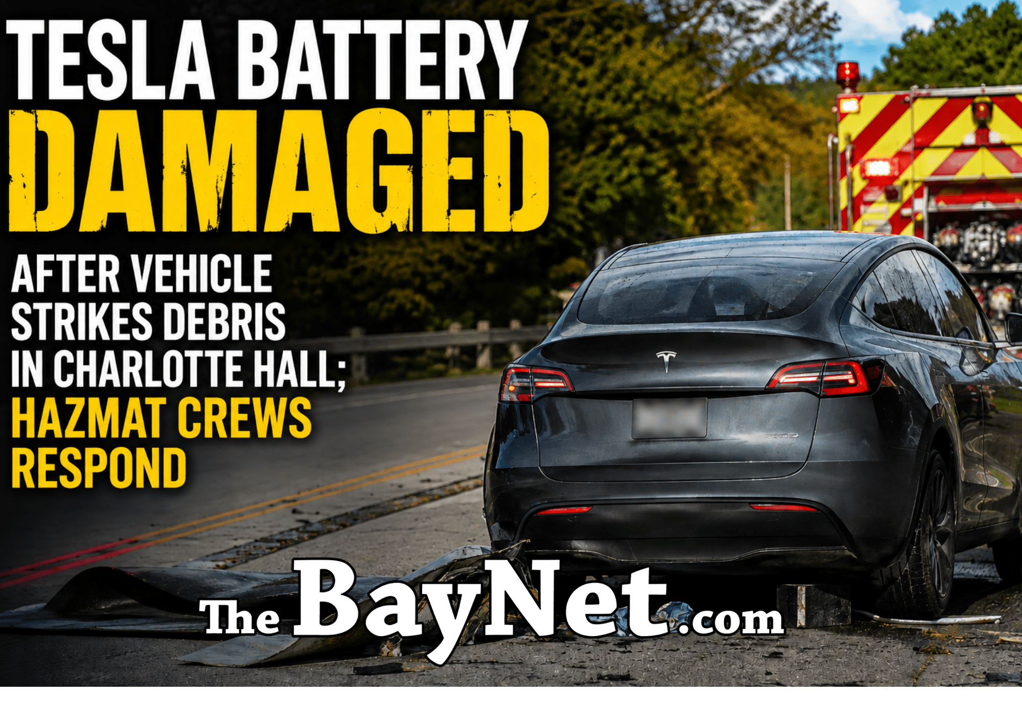 Tesla Battery Damaged After Vehicle Strikes Debris In Charlotte Hall; Hazmat Crews Respond