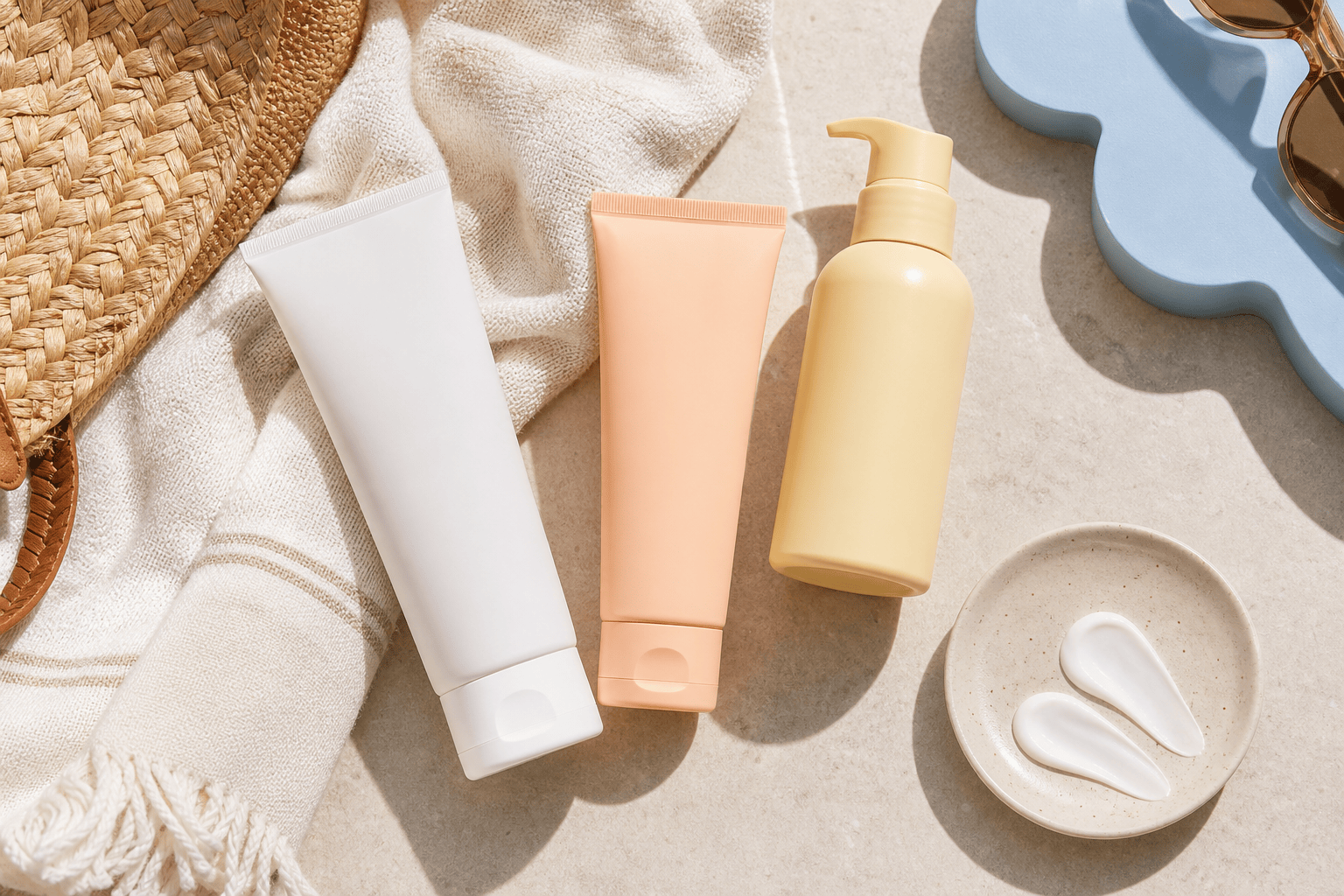 AI-generated flat lay of unbranded body sunscreen tubes and a pump bottle with a towel, straw tote, sunglasses, and lotion swatches.