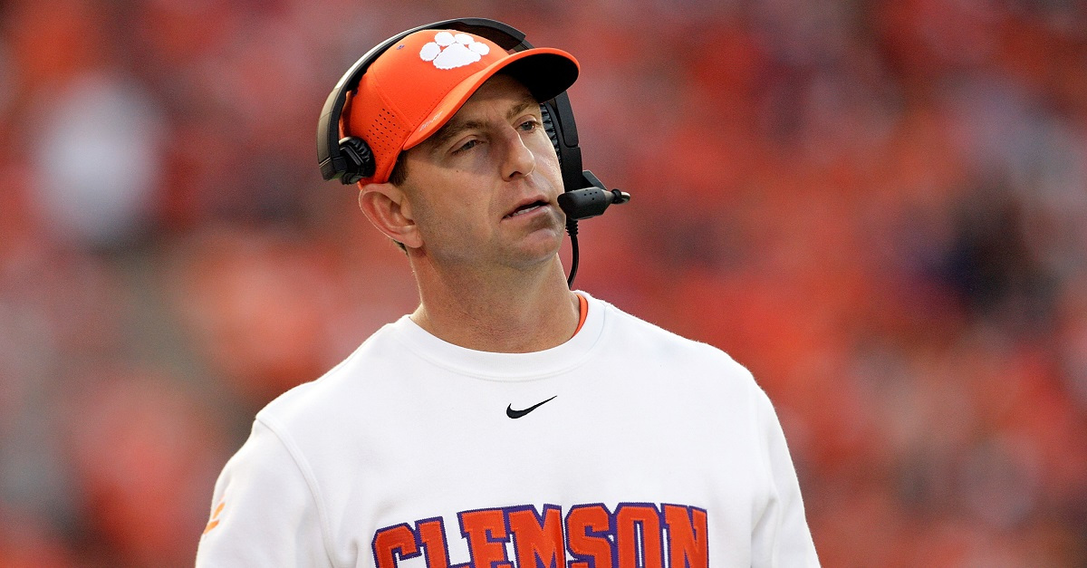 CLEMSON, SC - NOVEMBER 12: Head Coach Dabo Swinney of the Clemson Tigers reacts after a play during the game against the Pittsburgh Panthers at Memorial Stadium on November 12, 2016 in Clemson, South Carolina. (Photo by Tyler Smith/Getty Images)
