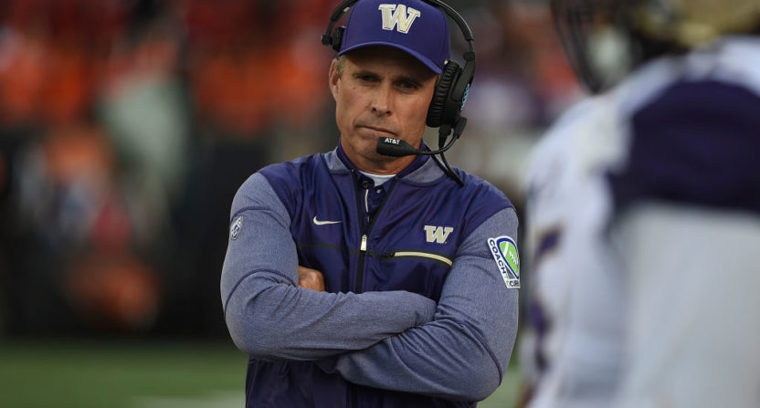 CORVALLIS, OR - SEPTEMBER 30: Head coach Chris Petersen # of the Washington Huskies looks on from the sidelines during the third quarter of the game against the Oregon State Beavers at Reser Stadium on September 30, 2017 in Corvallis, Oregon. The Huskies won the game 42-7. (Photo by Steve Dykes/Getty Images)