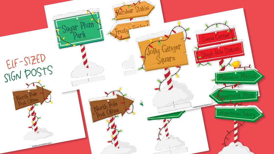 Flat Lay of pages in elf signs for elf on the shelf village