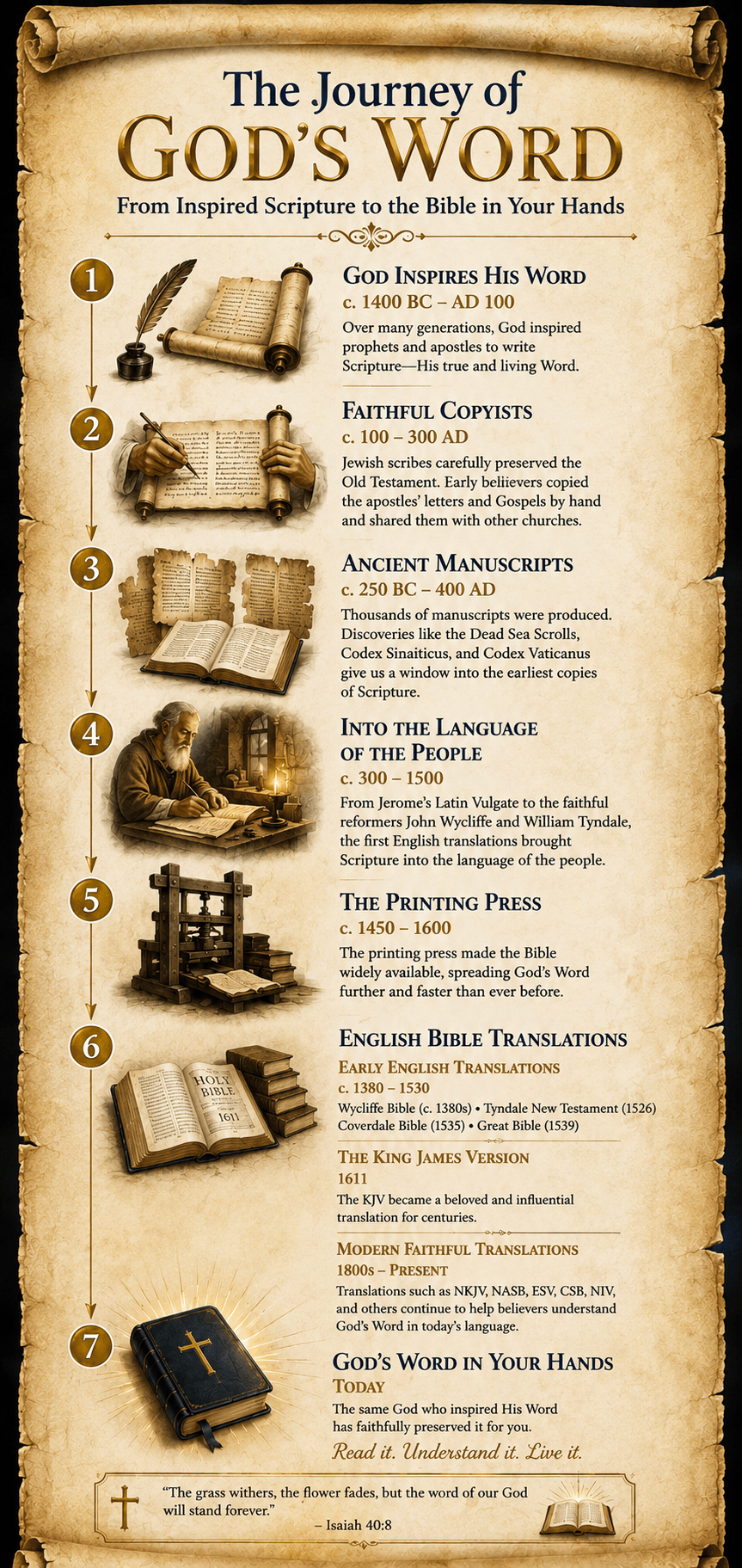 Illustrated vertical timeline titled 'The Journey of God’s Word: From Inspired Scripture to the Bible in Your Hands.' It shows seven historical stages in the preservation and transmission of the Bible: (1) God inspires His Word, (2) Faithful copyists, (3) Ancient manuscripts including the Dead Sea Scrolls and Codex Sinaiticus, (4) Translations into the language of the people by Jerome, Wycliffe, and Tyndale, (5) The printing press, (6) English Bible translations including the King James Version, and (7) God’s Word in your hands today. Includes the verse from Isaiah 40:8. How we got our bibles today.