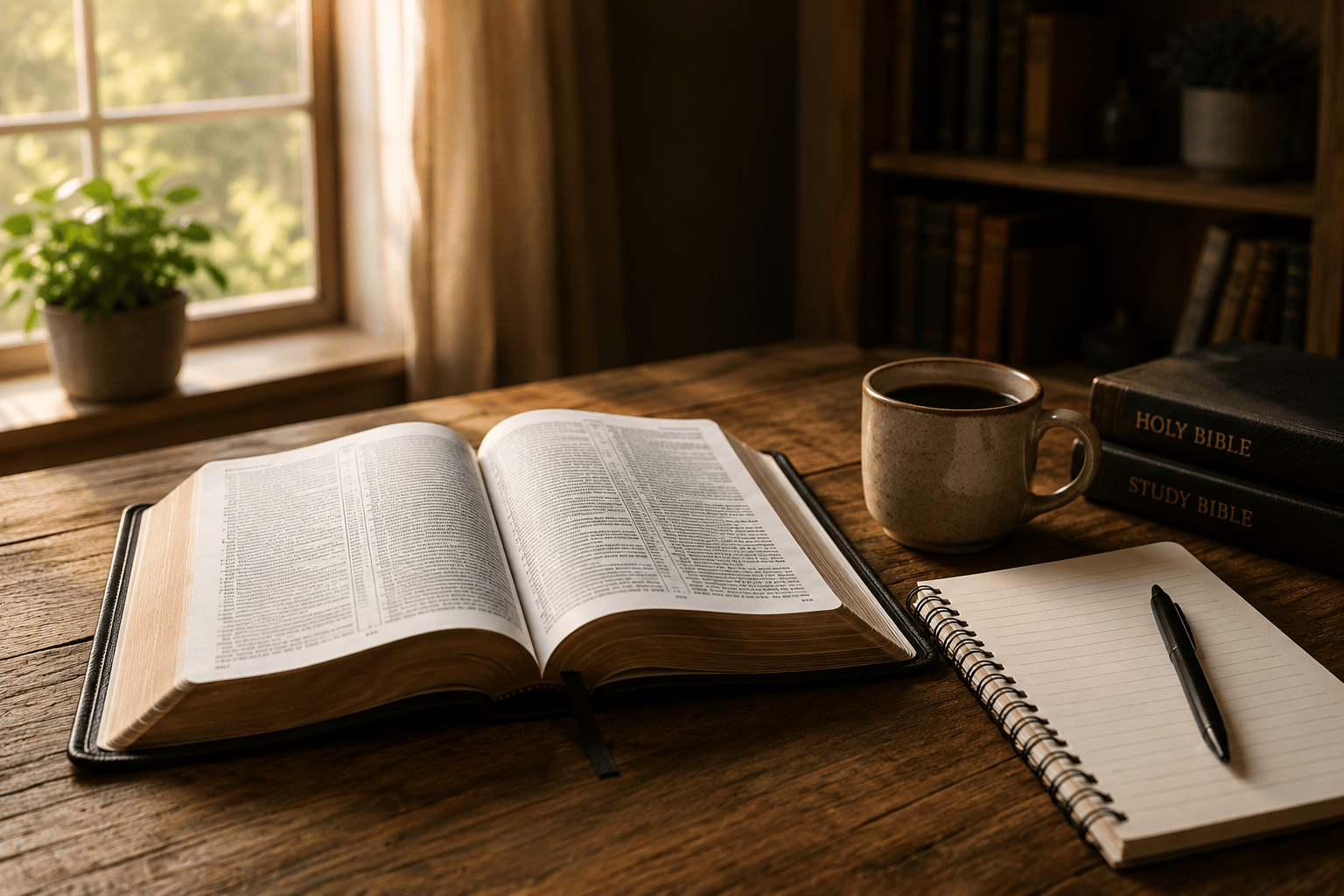 Open Bible on a rustic wooden table with a spiral notebook and black pen for notes, a ceramic coffee mug, and a stack of Holy Bible and Study Bible books, bathed in warm natural light from a nearby window with a potted plant on the sill.