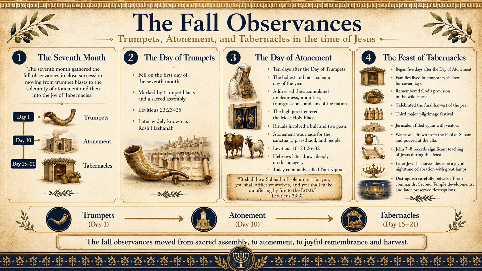 Infographic titled ‘The Fall Observances: Trumpets, Atonement, and Tabernacles in the time of Jesus.’ Four panels explain: (1) how the seventh month gathered the fall festivals in close succession; (2) the Day of Trumpets with its trumpet blasts and sacred assembly; (3) the Day of Atonement, the most solemn day of the year when the high priest entered the Most Holy Place; and (4) the Feast of Tabernacles, a joyful seven-day pilgrimage festival of temporary shelters, harvest, and remembrance of God’s provision in the wilderness.