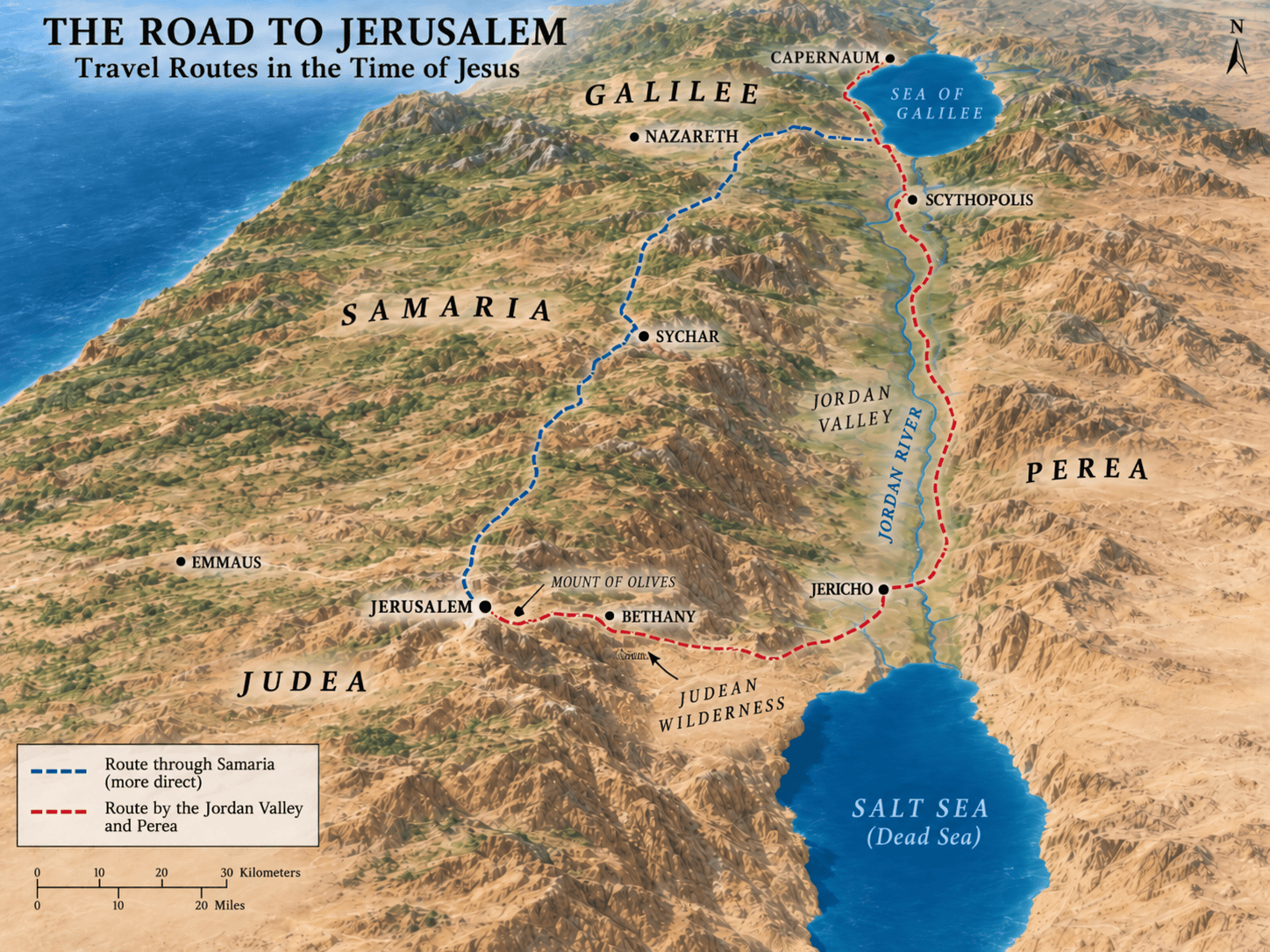 Relief map of two first-century routes from Galilee to Jerusalem: a blue line through Samaria by Sychar, and a red line down the Jordan Valley through Perea to Jericho, then west past Bethany and the Mount of Olives into Jerusalem.