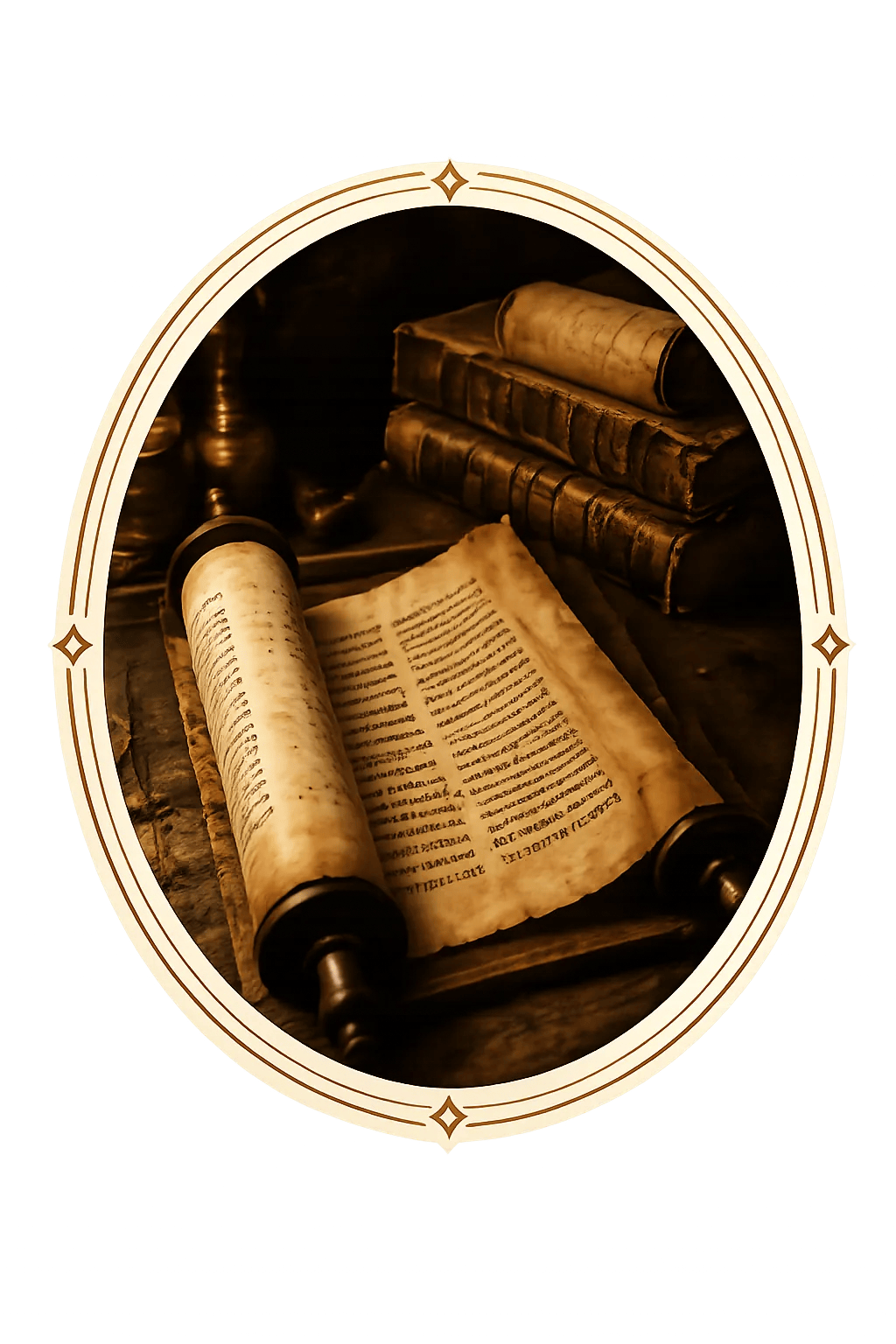 Oval image of an ancient parchment scroll.