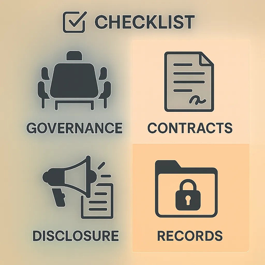 Four-box checklist graphic labeled Governance, Contracts, Disclosure, Records with matching icons