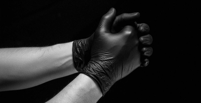 Two arms with hands clasped, wearing black medical gloves. Monochrome with a black background.