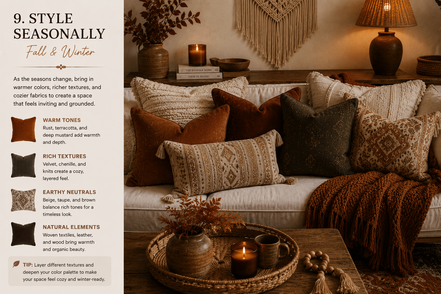 Boho fall and winter throw pillows layered on a neutral sofa with rust, terracotta, charcoal, and textured pillow covers.