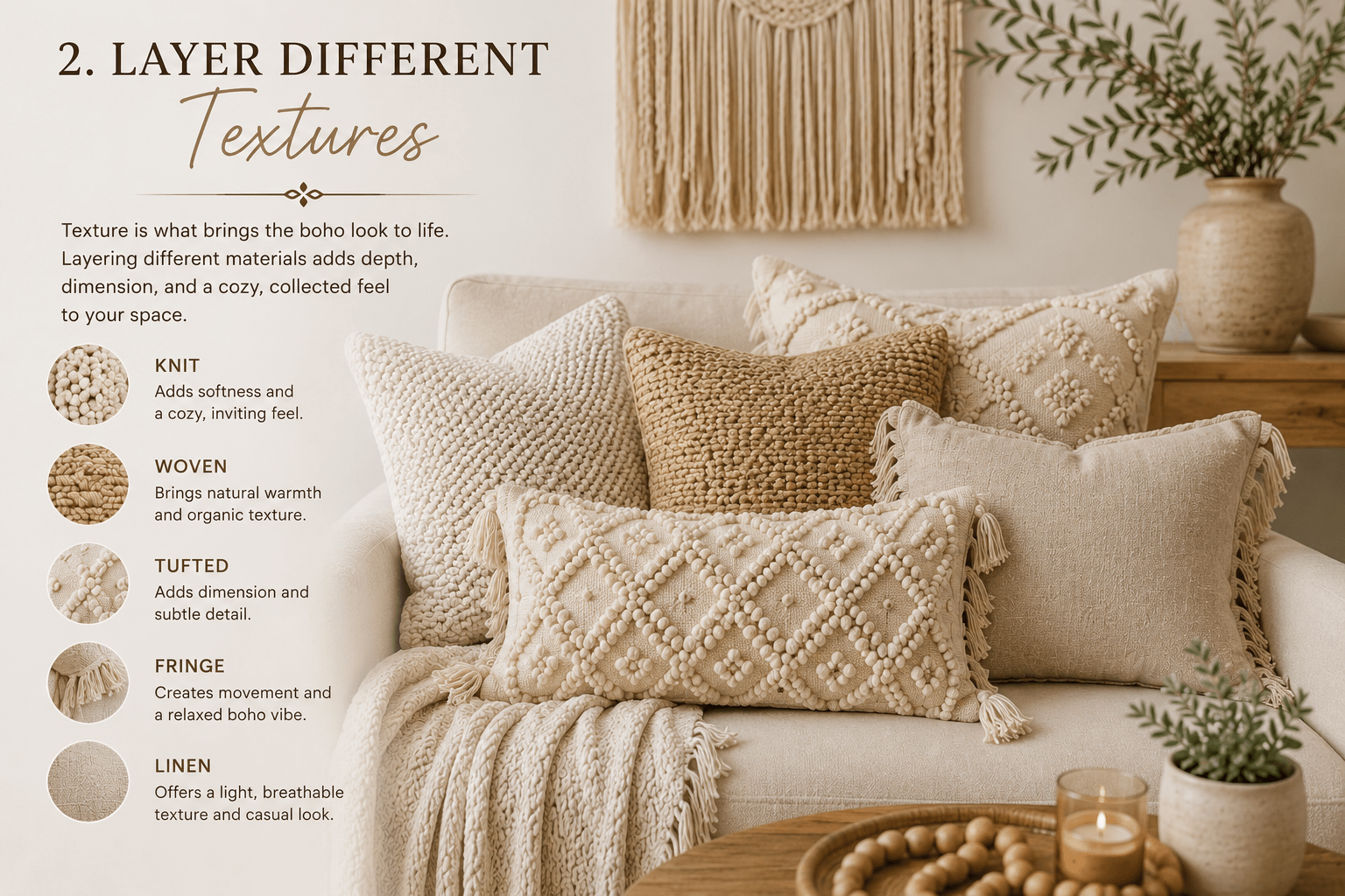 Layered neutral boho throw pillows featuring knit, woven, tufted, fringe, and linen textures on a cozy cream sofa.