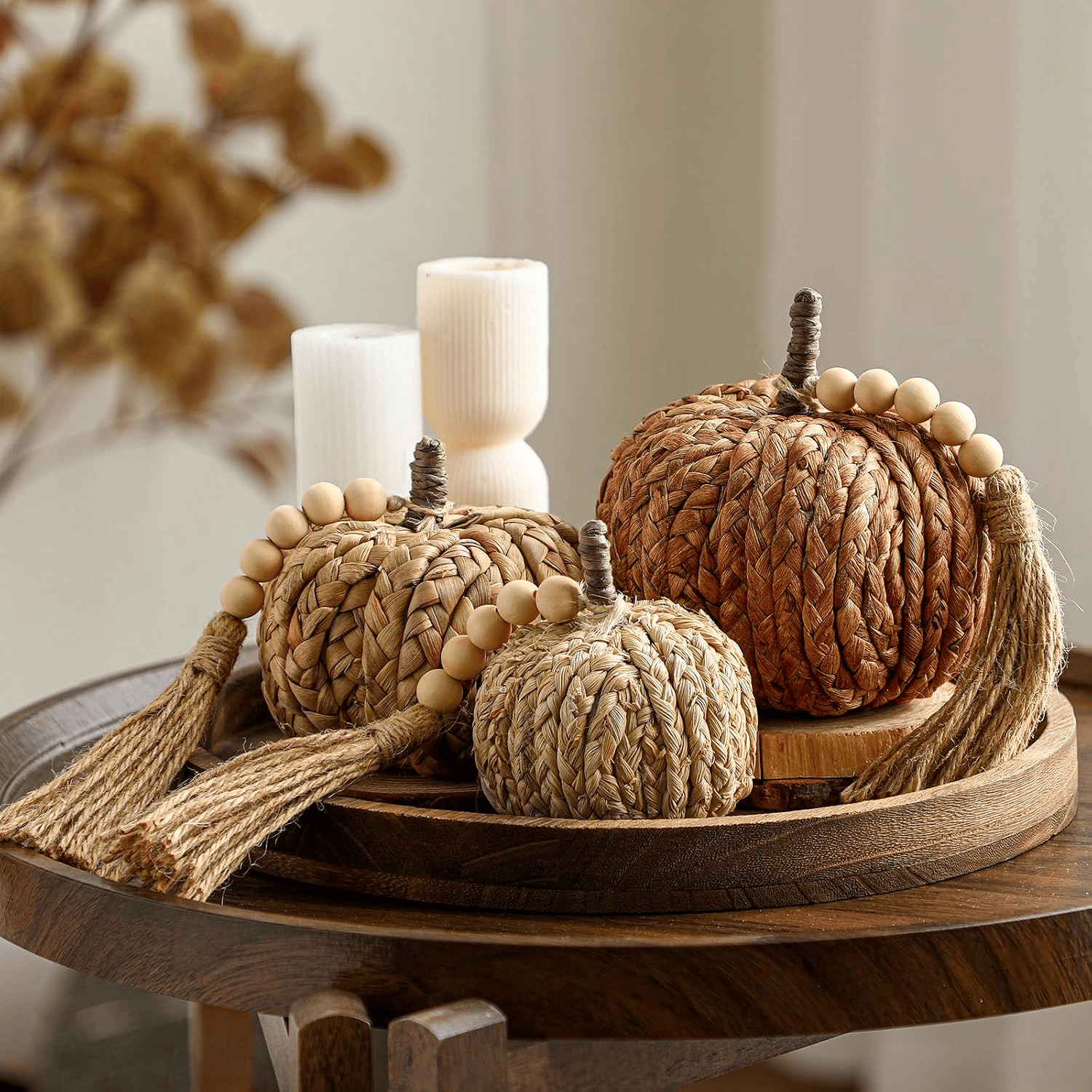 Boho Fall coffee table decor with pumpkins and tassel