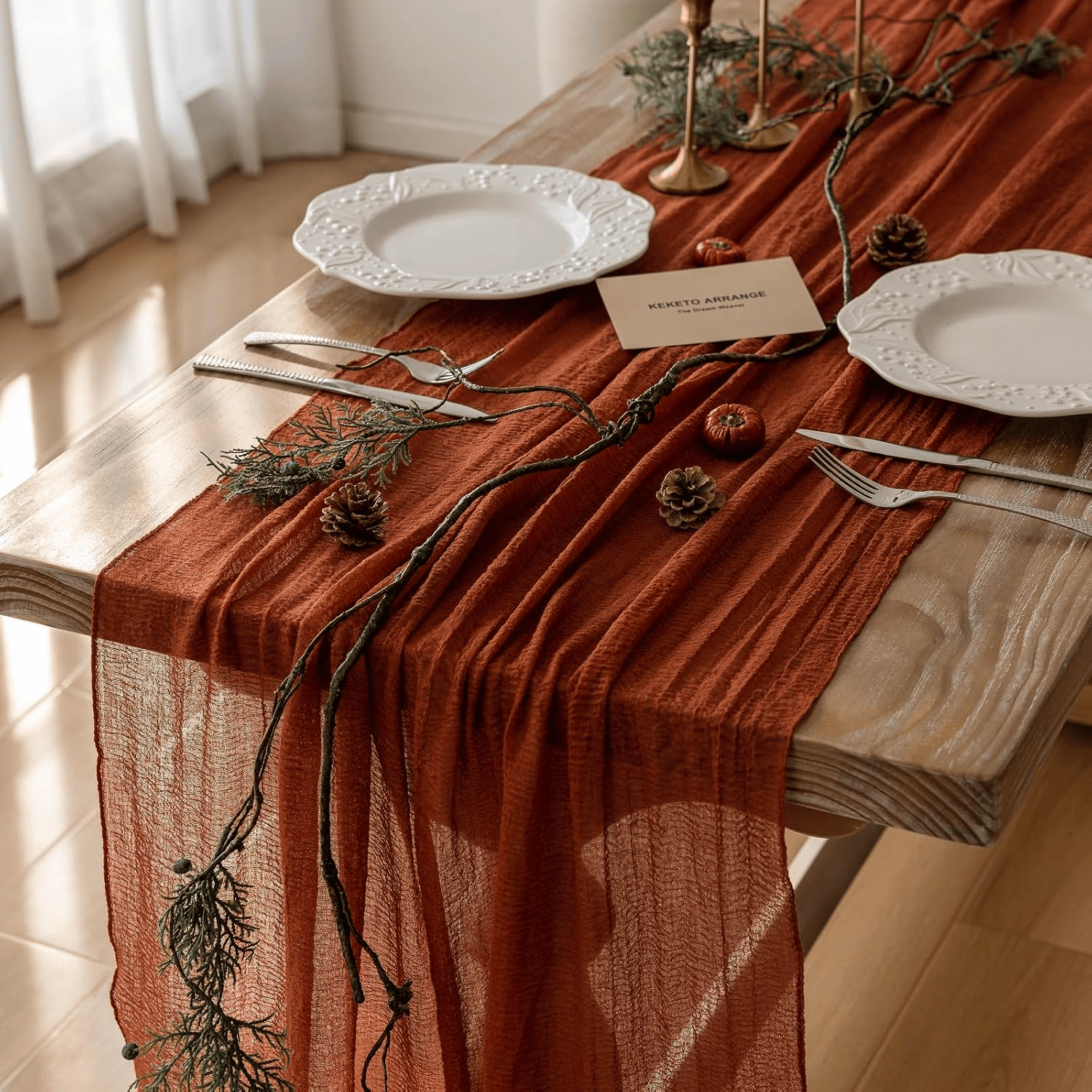 Neutral boho Fall table runner adding warmth and texture to a dining table