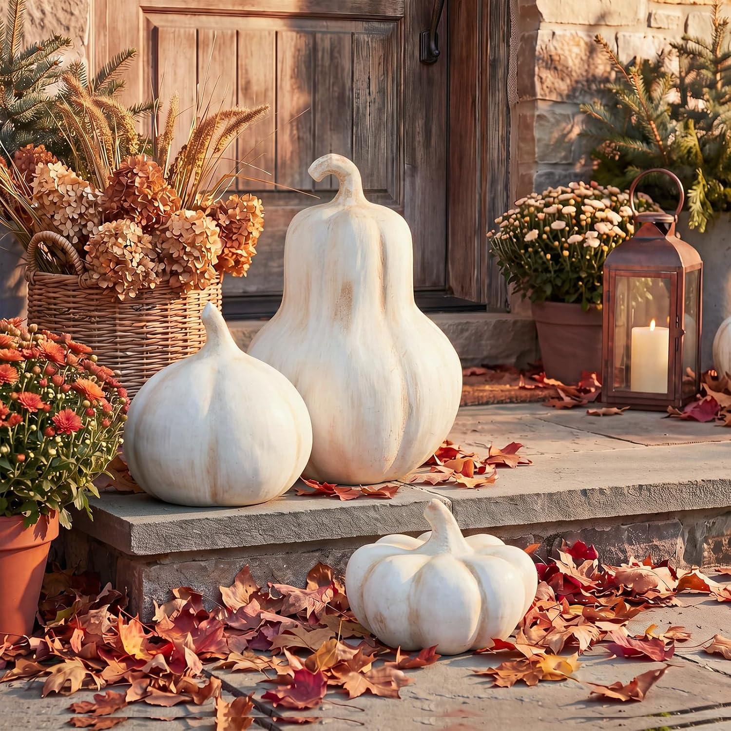 Neutral white pumpkin decor styled for cozy boho Fall decorating