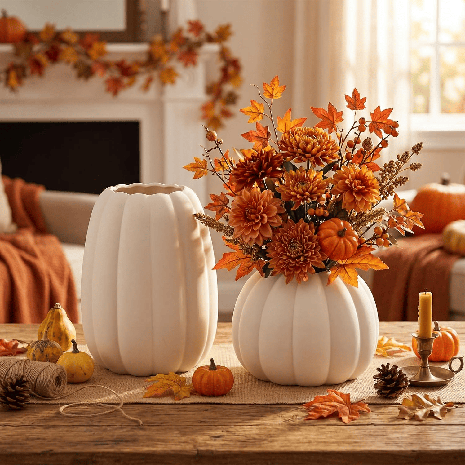 White pumpkin vase with Fall floral arrangement for cozy boho decor
