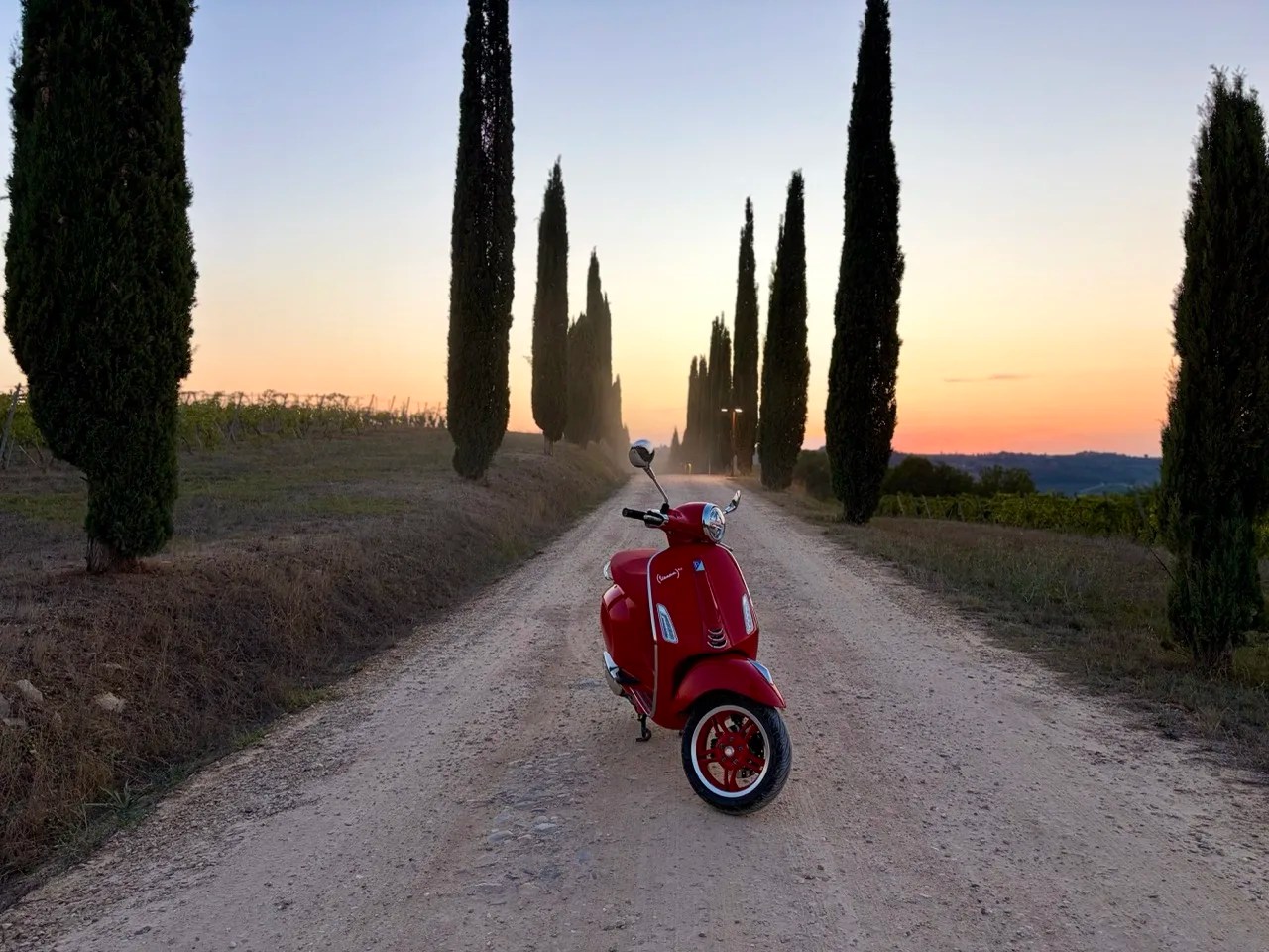 red vespa on a gravel road in tuscany lined with cypress trees at sunset
