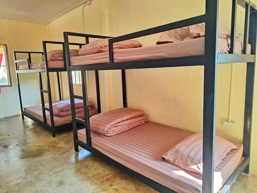 dorm room with metal bunk beds and pink bedding at cody backpackers hostel in pai, thailand