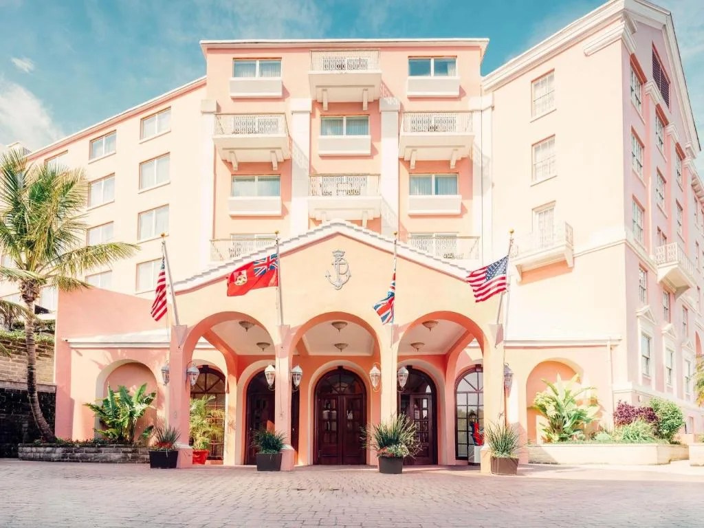 pink arched entrance of the hamilton princess and beach club in hamilton, bermuda