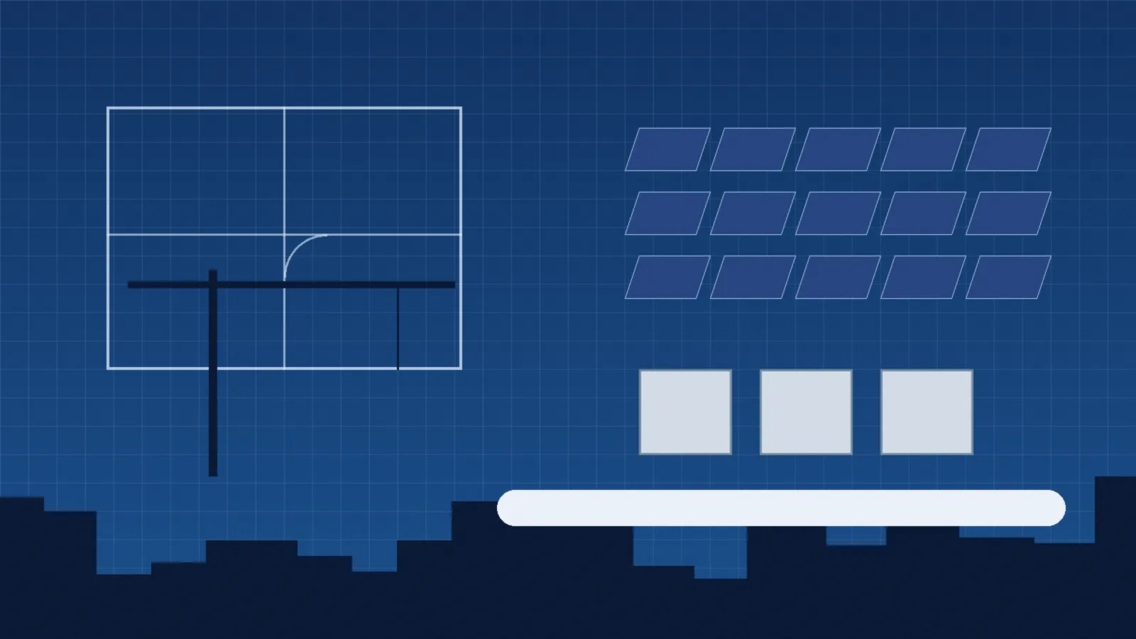 Blueprint-style grid with building plans, solar panel rows and battery units over a city skyline, illustrating Boston permitting changes