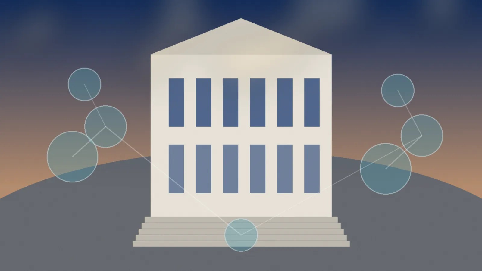 Abstract editorial image of interconnected community circles and a civic building silhouette illustrating Immigrants Lead Boston