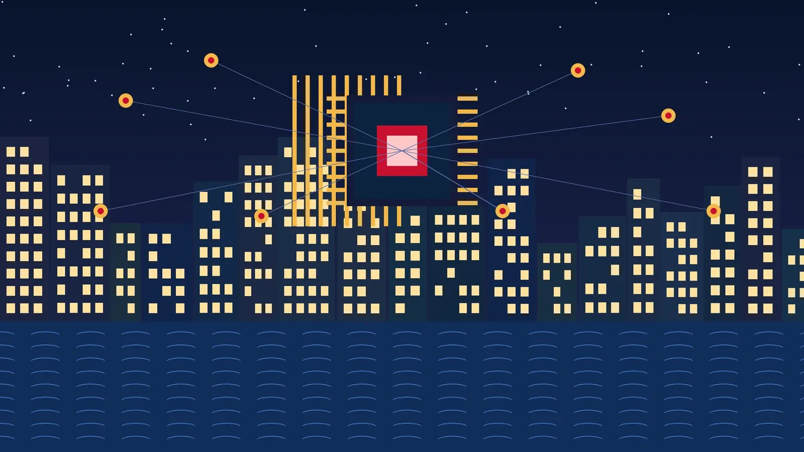 Illustration of tech and AI news in Boston: a glowing chip and network nodes over the city skyline at night