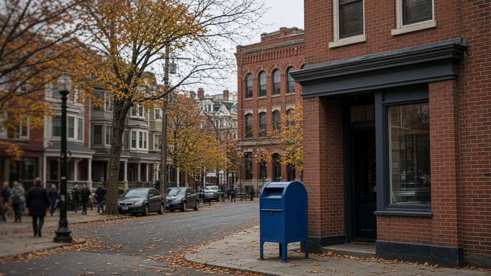 A brick storefront and blue mailbox on a Dorchester street in autumn, illustrating the Fields Corner post office closing.