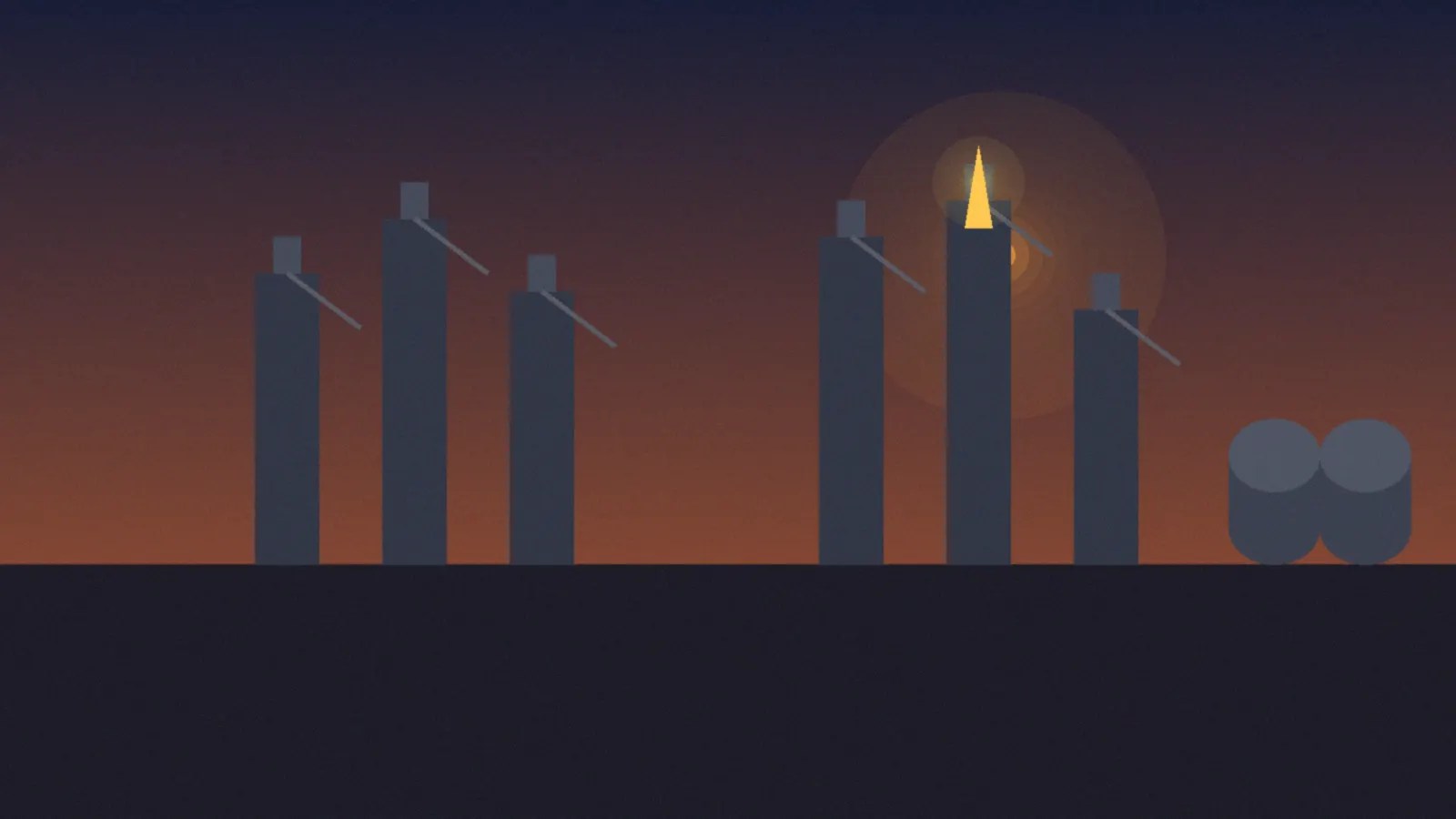 Illustration of industrial refining towers and a gas flare at dusk, illustrating debate over Kellogg Russian refineries strike policy.