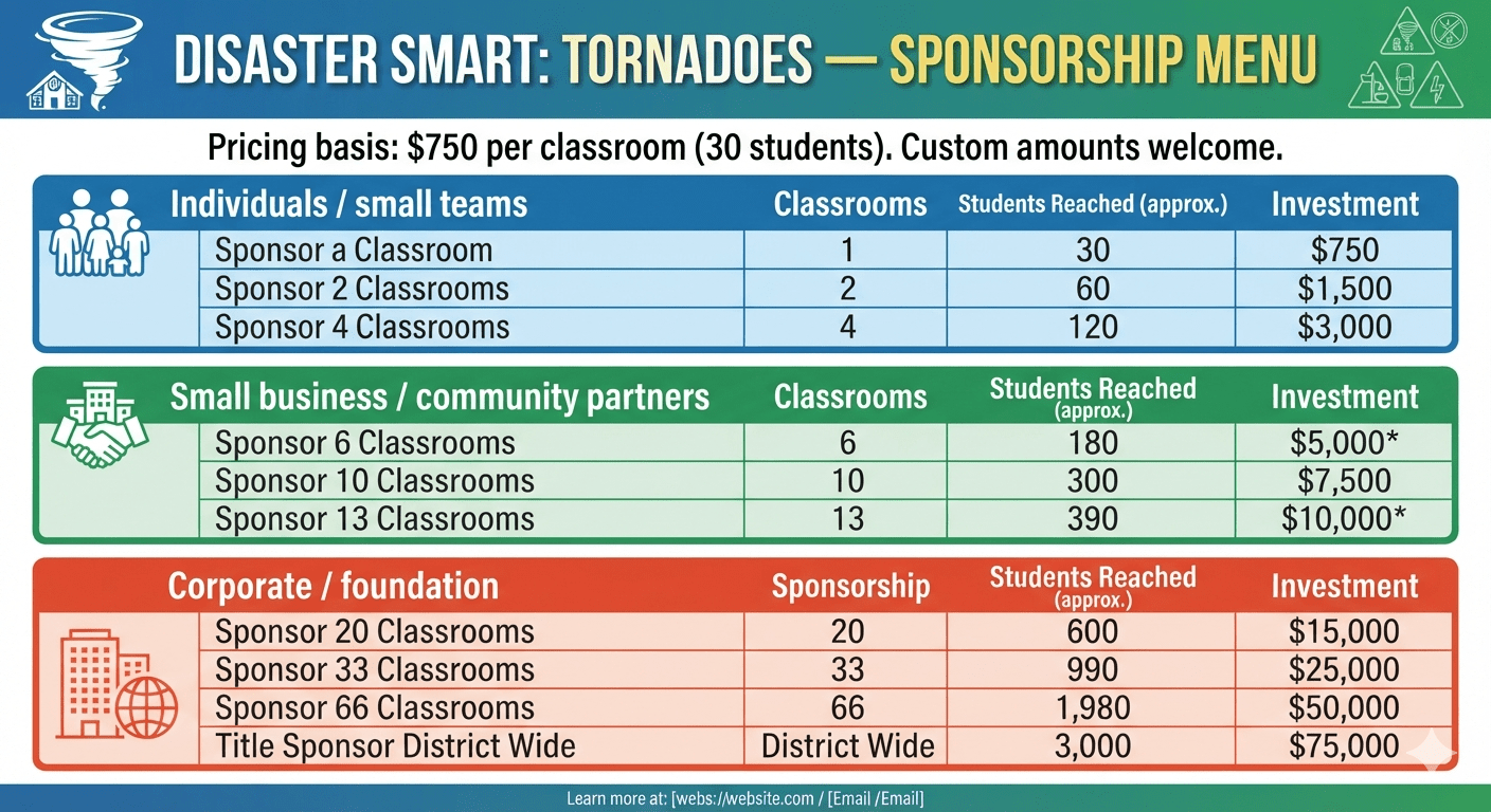 Full sponsorship menu graphic for Disaster Smart: Tornadoes program showcasing different tiers of classroom giving levels from individuals to corporate sponsors