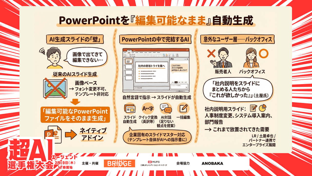 PowerPoint を「編集可能なまま」自動生成——LR の AI アドイン P0 が狙うのは、意外にも営業マンではなかった【2月19日超AIエージェント選手権・出場者紹介】