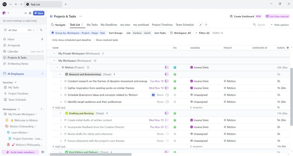 Motion task management feature