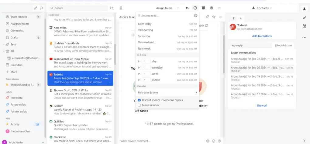 Missive snoozing feature
