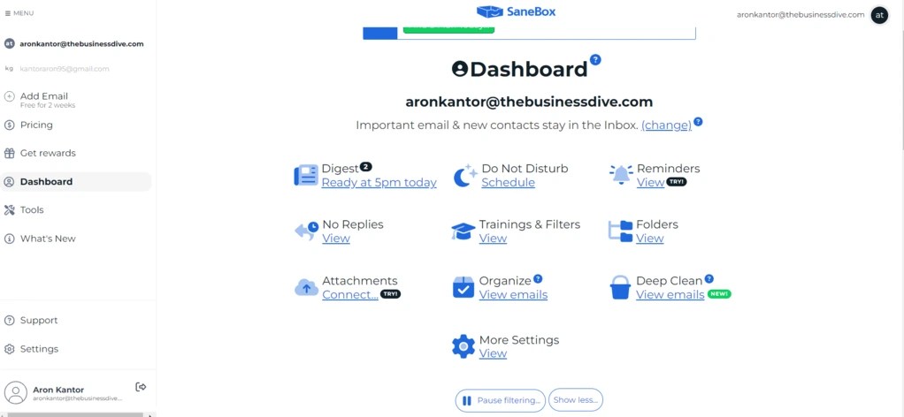 Sanebox user interface