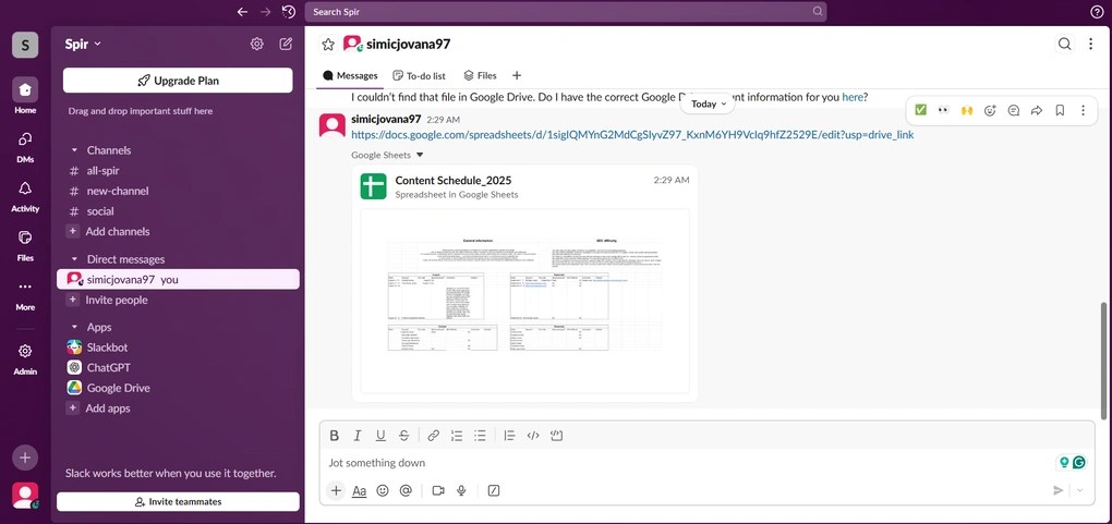 Google Drive's files attached within Slack feature