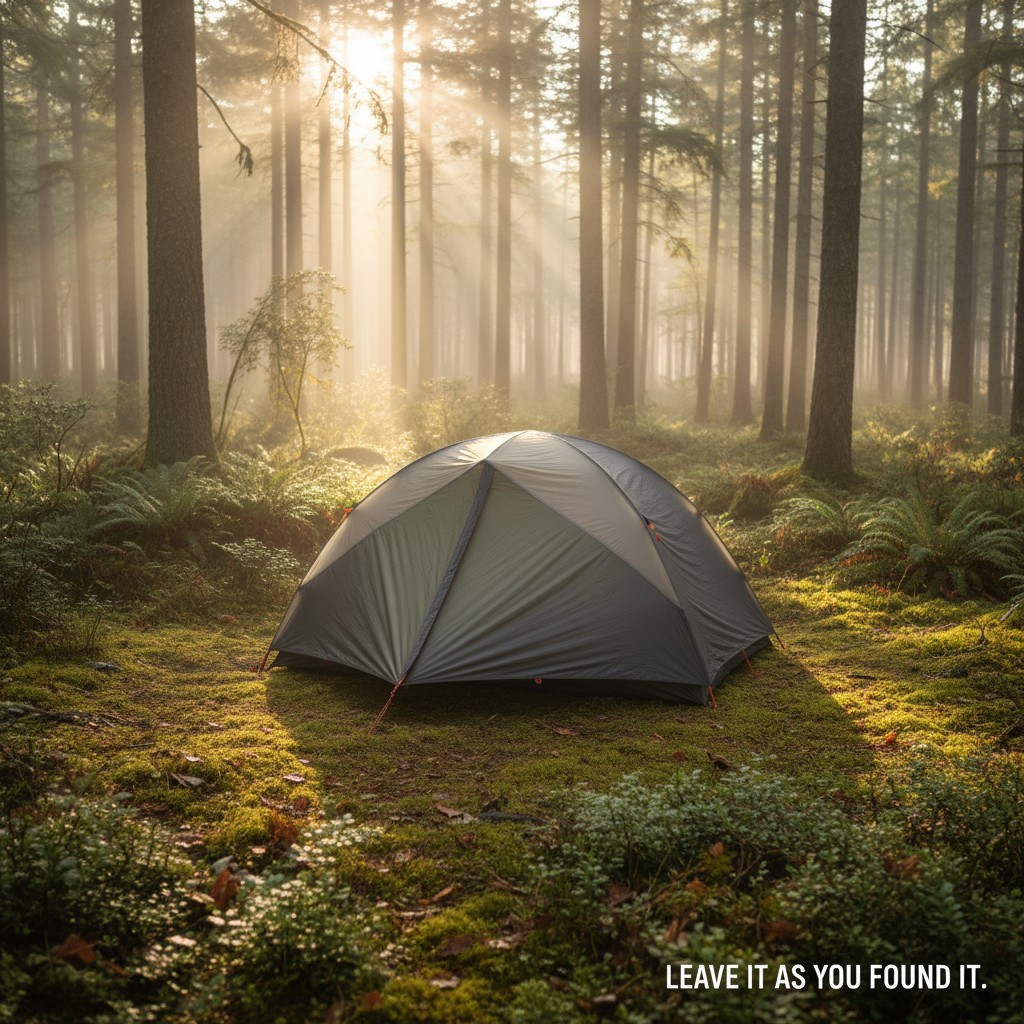 A tent in a sunny, foggy forest. Scenic forest campsite. Leave it as you found it.