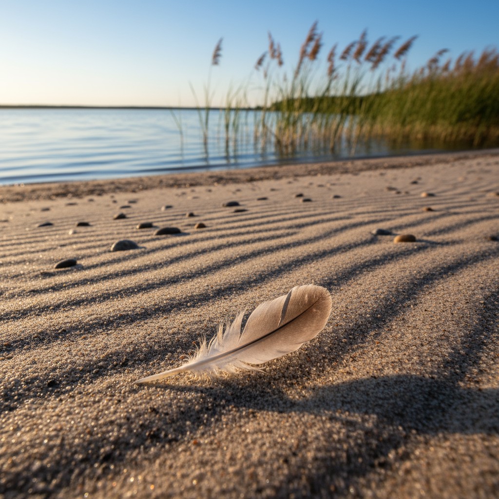 A single feather lies on ridged sand near a body of water, with an area of high grass visible on the far side under a clea...