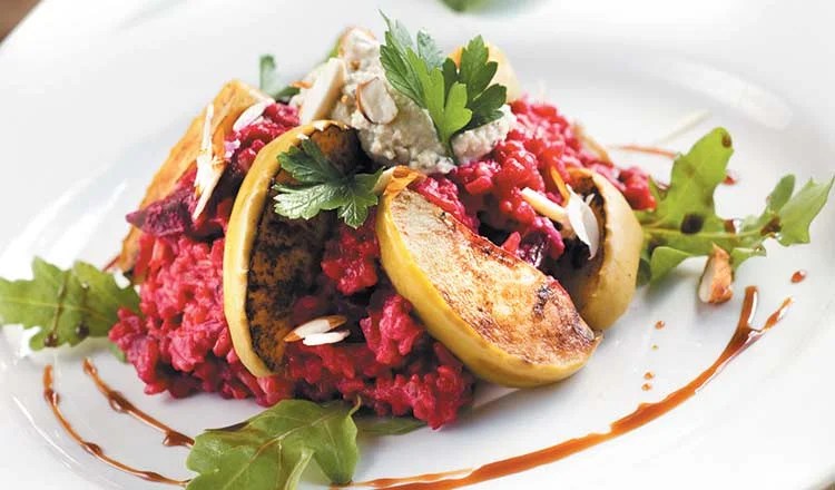 Beetroot Risotto With Baked Apples, Rocket and Balsamic Glaze