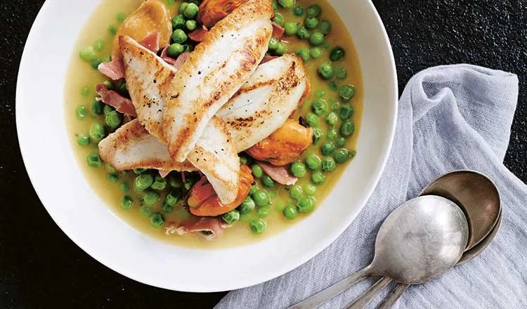 John Dory, Fricassée of Peas, Smoked Mussels & Lomo