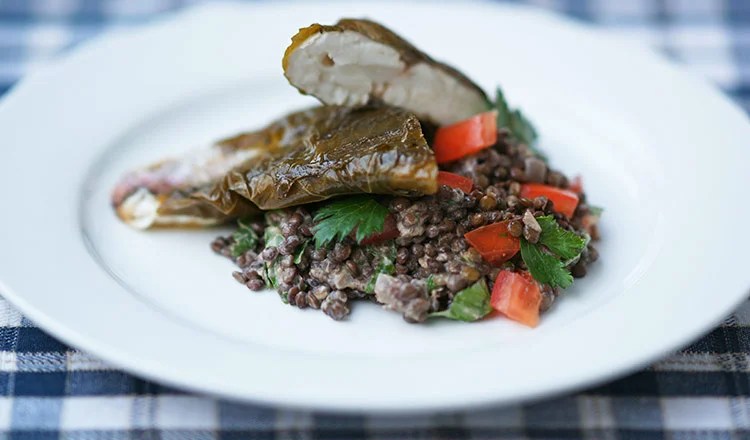Barbecued Goldband Snapper Fillets in Vine Leaves with Warm Lentil Salad